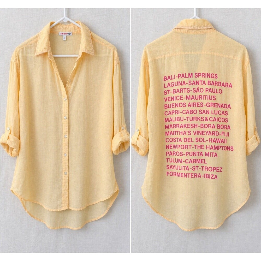 Sundry Destinations Oversized Button Down Shirt Yellow Pink Graphic 100% Cotton